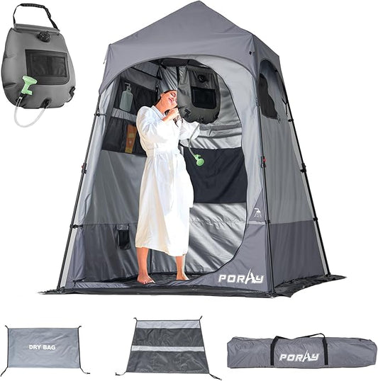 Camping Shower Tent Deluxe Changing Room Easy Set Up Privacy Shelter,Large Toilet Tent with Floor Drain Design for Beach, Camping,Hiking with Stakes and Ropes for Stability