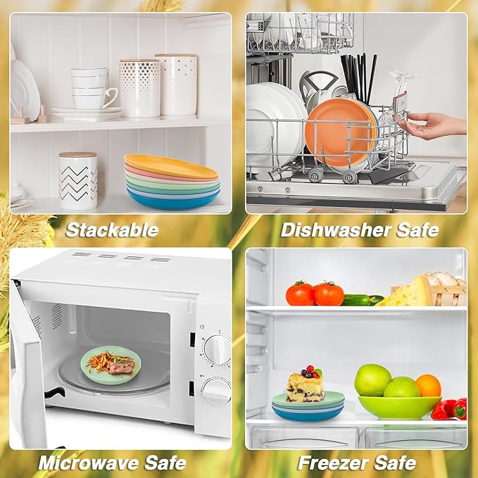 7.9 Inch Wheat Straw Dinner Plates Set of 8, Unbreakable Plastic Reusable Plates for Kitchen, Camping, Small Lightweight Deep Dinnerware Set, Dishwasher and Microwave Safe Plates, Non-Toxic, BPA Free