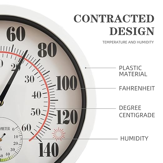 Indoor Outdoor Thermometer Large Numbers 12 Inch Wall Weather Thermometer Hanging Garden Decor Hygrometer No Battery Needed (White)