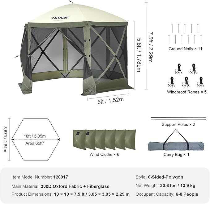 VEVOR Pop Up Gazebo Screen Tent 6 Sided Canopy Sun Shelter with 6 Removable Privacy Wind Cloths & Mesh Windows, 10x10FT Quick Set Screen Tent with Mosquito Netting, Army Green