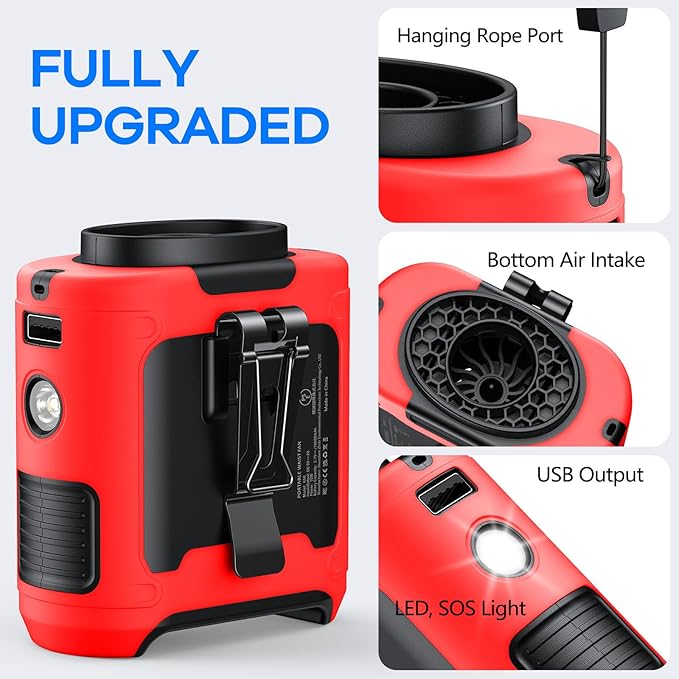 AI Portable Waist Clip Fan, Upgraded 10000mAh Rechargeable Battery Wearable Belt Personal Fan, 16000RPM Powerful 5 Speeds Shirt with Flashlight Neck Hands-Free 40H Cooling (Red)