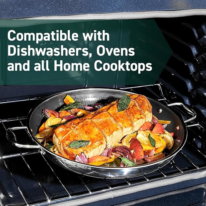 HexClad Hybrid Nonstick 14-Inch Frying Pan with Stainless Steel Lid, Stay-Cool Handles, Dishwasher-Friendly, Oven-Safe Up to 900°F, Induction Ready, Compatible with All Cooktops