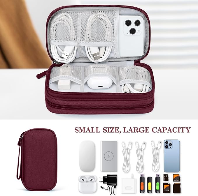 FYY Electronic Organizer, Travel Cable Organizer Bag Pouch Electronic Accessories Carry Case Portable Waterproof Double Layers All-in-One Storage Bag for Cable, Cord, Charger, Phone, Earphone Wine Red