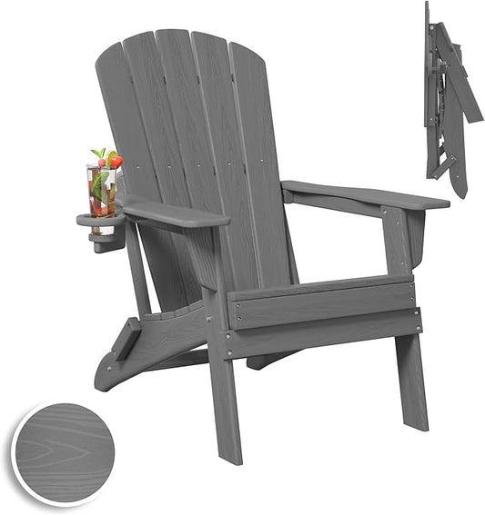 Folding Adirondack Chair, SGS Tested, Wooden Textured with Cup Holder, Heavy All-Weather HDPE Comfortable Set Poolside Backyard Lawn Grey
