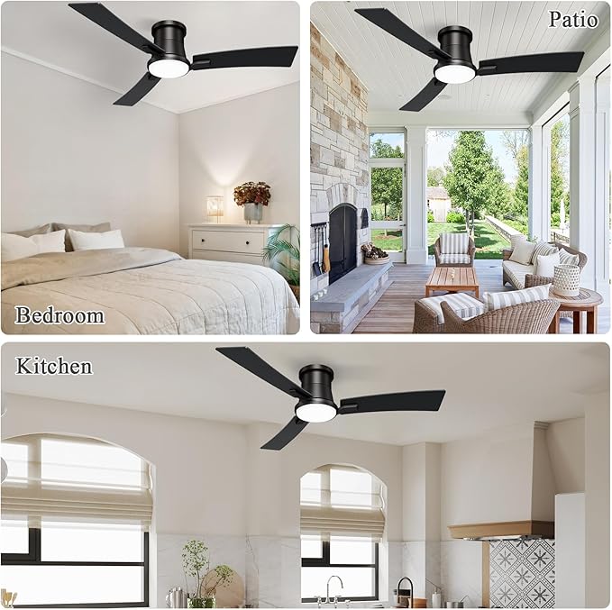 52 Inch Ceiling Fans Black Lights and Remote,White Low Profile Ceiling Fan with Light,Flush Mount,Reversible,6 Speeds,3CCT Dimmable,for Bedroom,Living Room,Indoor Patio