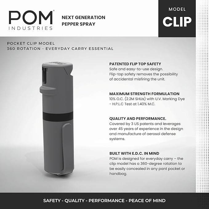 POM Pepper Spray Combo Pack, Keychain & Clip Model, Max Police Strength OC Formula, Quick Key Release, Flip Top Safety, 10 ft Range, 25 Bursts, 0.5 fl oz, Compact Tactical Design for Everyday Carry
