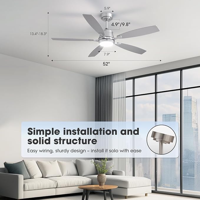 52" Ceiling Fan with Light, Modern Low Profile Ceiling Fan with Light, DC Reversible Motor, Smart APP & Remote Control, Whisper Quiet, Dimmable LED for Bedroom/Living Room