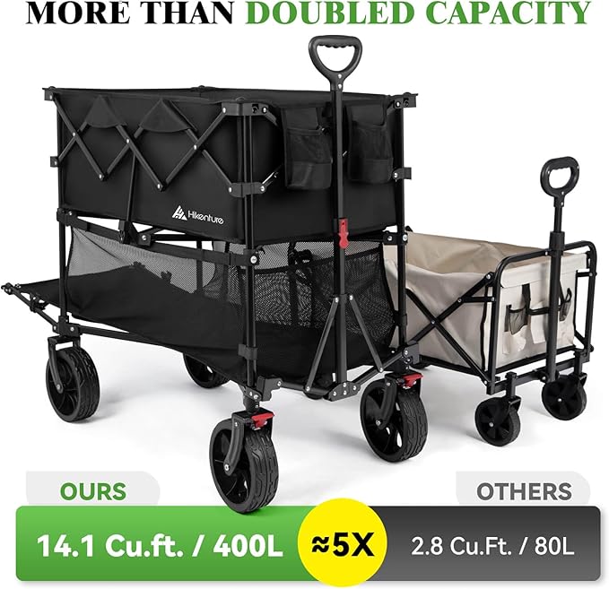 Hikenture Double Decker Wagon, 400L Extra Large Beach Wagon with Big Wheels for Sand, 500LBS Heavy Duty Collapsible Cart with Tailgate, Utility Carts Foldable for Beach, Sports
