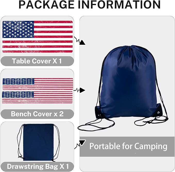 CAPSCEOLL Elastic Picnic Table Cover with Bench Covers 5Ft Waterproof Fitted Picnic Table Cover Cloths for Outdoors Camping Tablecloth with Drawstring Bag, 60X30in, American Flag
