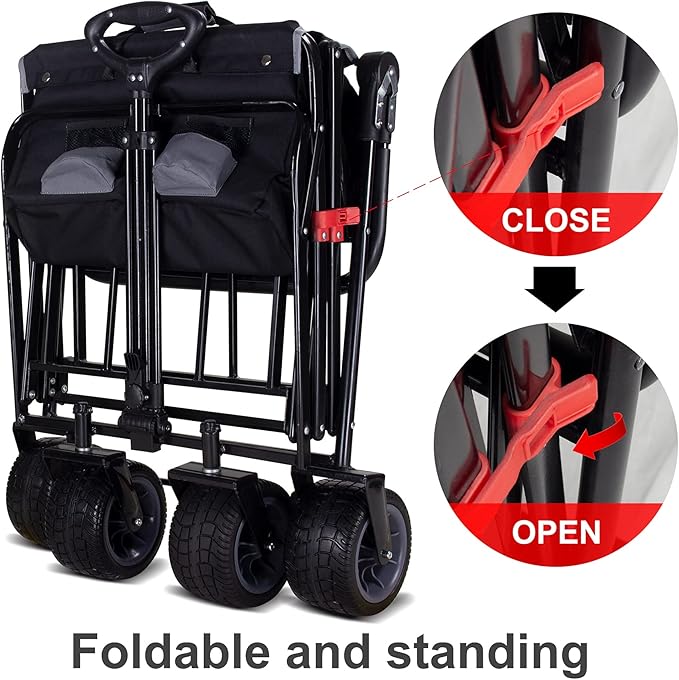 Folding Utility Wagon | Heavy-Duty Collapsible Cart with Brakes & Adjustable Handle | for Gardening, Beach Trips, Camping, Shopping & Outdoor Transport (Black/Grey)