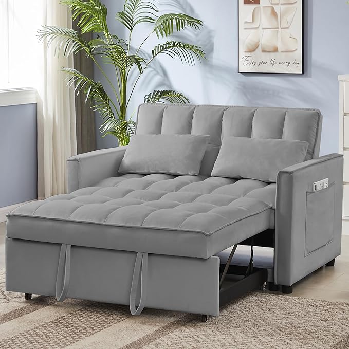53.14" Velvet Convertible Sleeper Sofa Bed with Adjustable Backrest & Side Pocket, Pull-Out Loveseat Futon Couch for Small Spaces, Solid Wood Frame, Easy Assembly, 3-in-1 Sofa Bed for Living Room