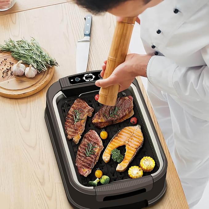 Indoor Smokeless Grill, Techwood 1500W Electric Indoor Grill with Tempered Glass Lid, Portable Non-stick BBQ Korean Grill, Turbo Smoke Extractor Technology, Drip Tray& Double Removable Plate, Black