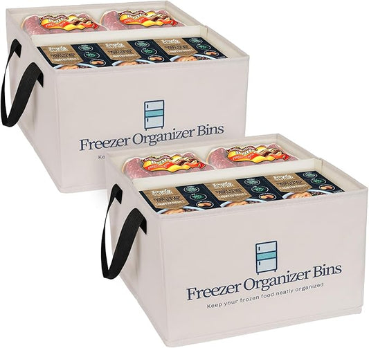 Freezer Organizer Bins, 2 Pack Collapsible Deep Freezer Organizer Bins for 15"x14"x9", freezer Storage Bins with Removable Dividers, Handles (Light Grey, 2 Pack)