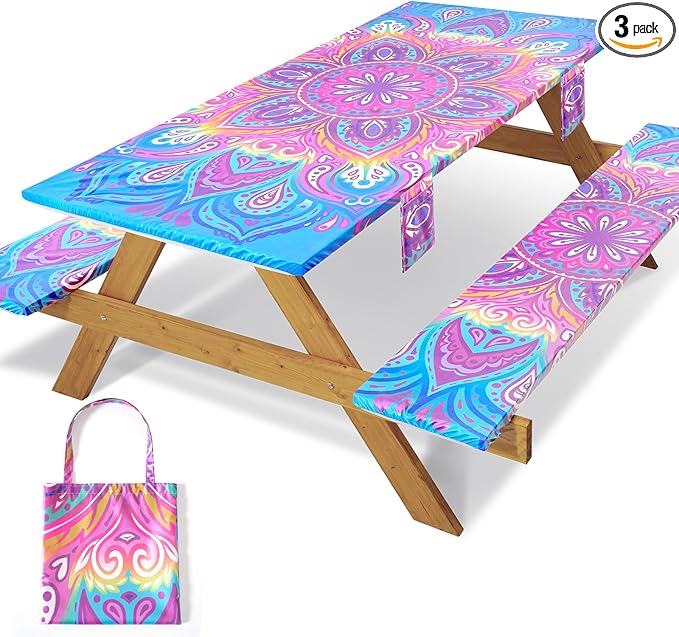 3 Piece Picnic Table Cover with Bench Covers 72x30In Fitted Elastic Heavy Duty Camping Table Cloths Camp Motorhome Gear Garden Festival Stuff Road Trip Outdoors Must Haves Gifts for Mom Dad