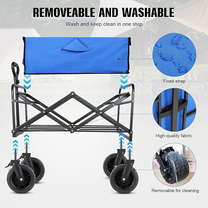Beach Wagon with Big Wheels for Sand,Collapsible Folding All Terrain Utility Wagons Carts Foldable with Brakes for Sand Camping Sports Outdoor.