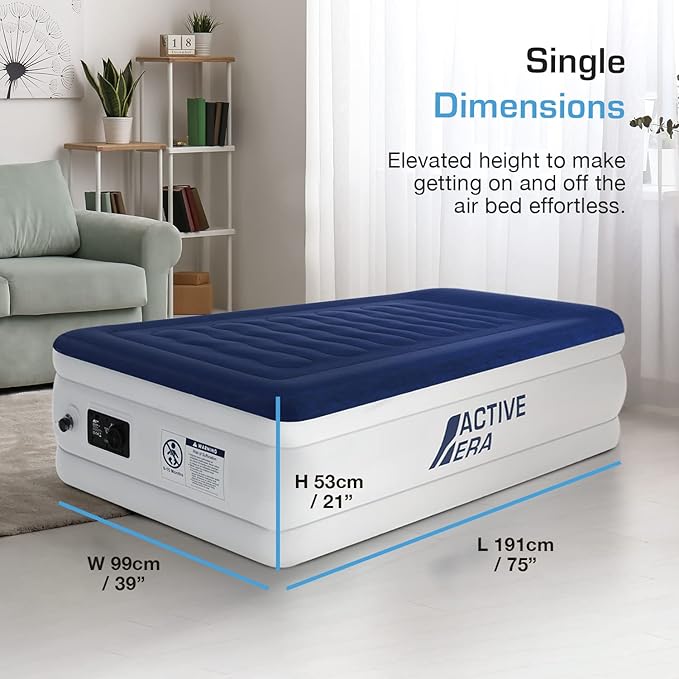 Active Era Luxury Twin Size Air Mattress (Single) - Elevated Inflatable Twin Air Bed, Electric Built-in Pump, Raised Pillow & Structured I-Beam Technology, Height 21" (Inc Pillow)
