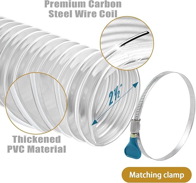 2 1/2" x 20' Flexible Clear PVC Dust Collection Hose - Puncture Resistant with Carbon Steel Wire Coil for Dust Collectors with 2 1/2" Ports