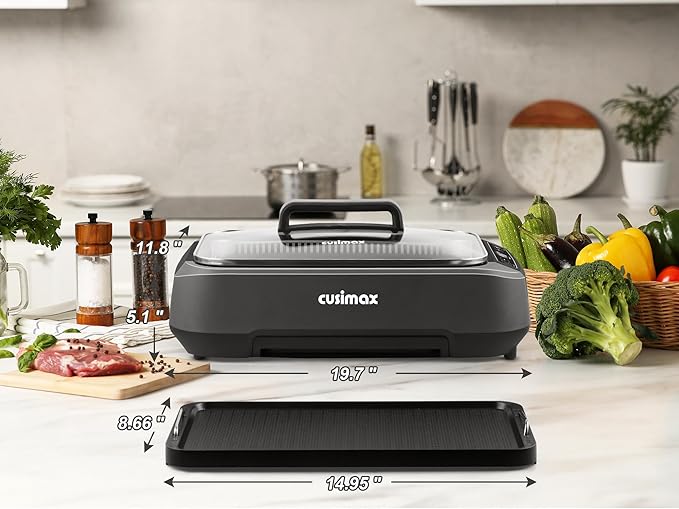 CUSIMAX Smokeless Grill, Electric Indoor Grill, 1500W Korean BBQ Grill with Non-stick Removable Grill/Griddle Plate, LED Smart Display & Tempered Glass Lid, Grey