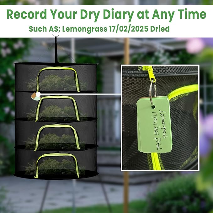 4 Layer 24" Herb Drying Rack Hanging with Garden Pruning Shears, Large Zipper, Hook & Notepad, Foldable Drying Rack for Herbs, Spices & Seasonings, Hanging Herb Dryer Indoor Outdoor