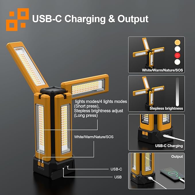 13200mAh Rechargeable Solar Work Light, IPX4 Waterproof with Folding Stand Support and Portable Carrying Bag, 8000 Lumen Stepless Dimmable, 4 Lighting Modes, White/Warm/Warm White (Remote)