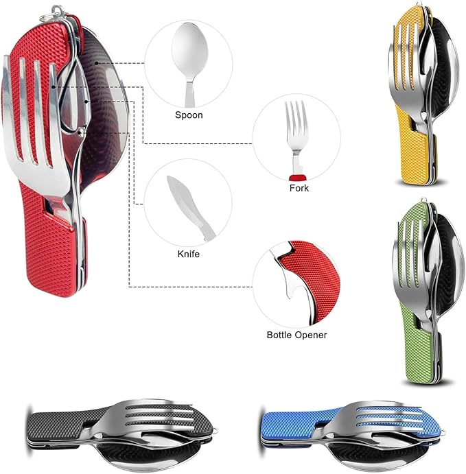 4-in-1 Portable Foldable Utensil Set Compact Knife Fork Spoon Bottle Opener Kit Stainless Steel Utensils for Camping Hiking Travel (Red + Green)