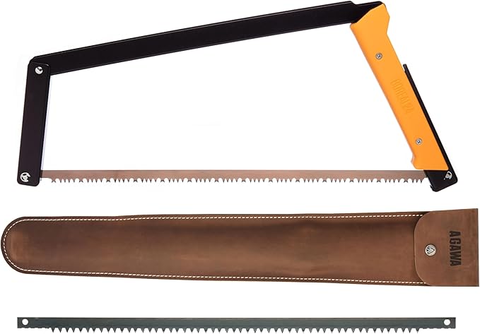 AGAWA - BOREAL24 Backwoods KIT - 24 Inch Folding Bow Saw, Premium Leather Sheath, Additional Aggressive Blade (Black Frame - Yellow Handle)