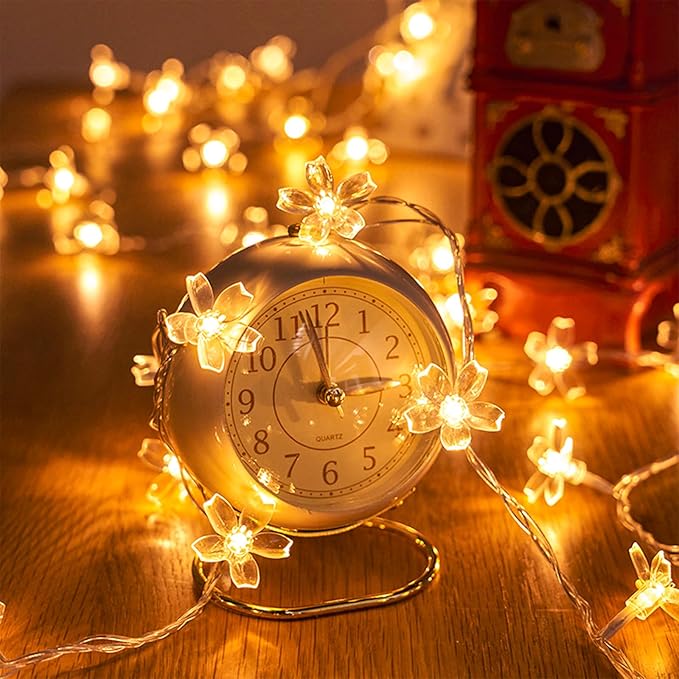 Decorative Flower String Lights for Bedroom, Battery Operated & USB Plug in 10 FT 30 LED Cute Fairy Cherry Blossom Floral Lamps Indoor Outdoor Christmas Holiday Hanging Vine Decorations (Warm White)