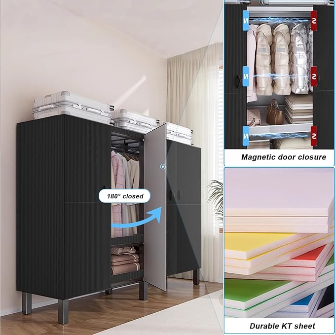 FPIGSHS Heavy Duty Clothes Rack with Magnetic Door 2000LBS Foldable Portable Wardrobe Closet for Hanging Clothing Rolling Garment Rack on Wheels for Bedroom Closet System (A（Black Door）, 33.4in)