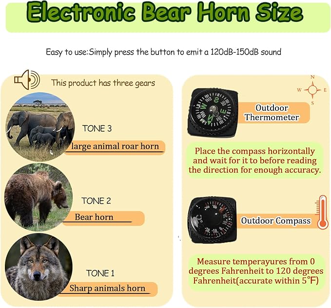 120dB Electronic Air Horn with Compass & Thermometer, Bear Horn to Scare Bears, Loud Air Horn for Safety Hiking Camping Emergency Self Defense, Electronic Whistle Bear Bells for Hiking (Red)