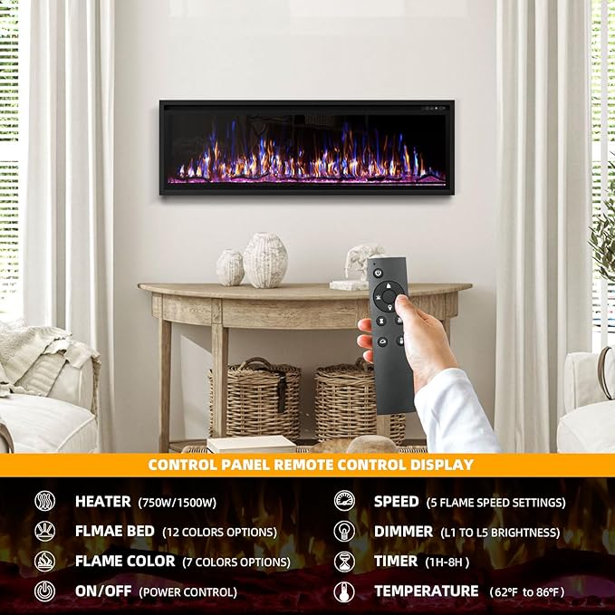 BREEZEHEAT 60 Inch Electric Fireplace-Recessed & Wall Mounted Linear Fireplace-750/1500W Heater w/Temperature Control, Log & Crystal Options, Adjustable Flame, Remote Control