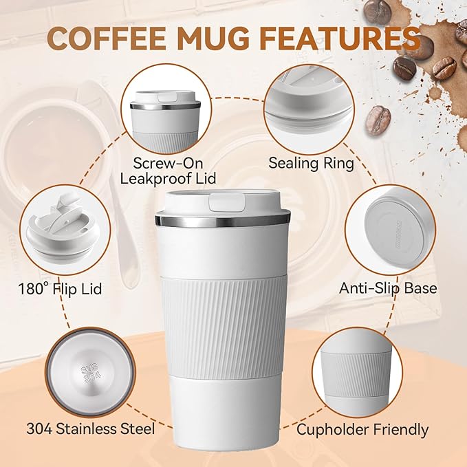 12OZ Travel Coffee Mug Insulated Coffee Cup with Spill Leak Proof Lid, Portable Stainless Steel Tumbler Reusable Hot and Cold Water Mug for Car, Daily, Camping- White