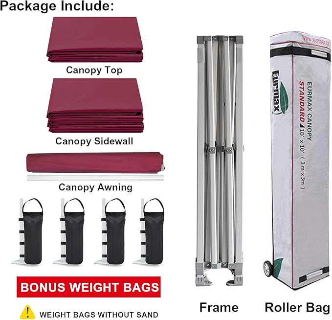 Eurmax USA 10 x 10 Pop up Canopy Commercial Tent Outdoor Party Canopies with 4 Removable Zippered Sidewalls and Roller Bag Bonus 4 Canopy Sand Bags & 24 Squre Ft Extended Awning(Burgundy)