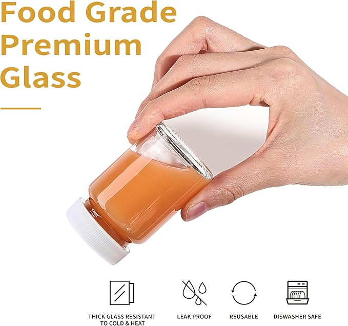 8 Pack, 2 oz Glass Shot Bottles w/White Caps & Labels - Small Clear Jar for Ginger, Wellness Shot, Juice, Sample, Whiskey - Travel Essentials Mini Bottles - Wide Mouth, Leakproof, Dishwasher Safe