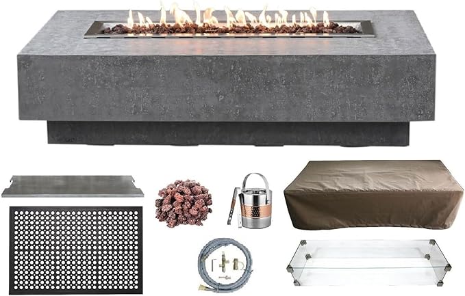 Elementi | Bundle Hampton Gas Fire Pit Cast Concrete 56" Rectangular Fire Table, Outdoor Fire Pit Electronic Ignition | Canvas Cover, Lava Rock Included | Light Gray (Natural Gas)