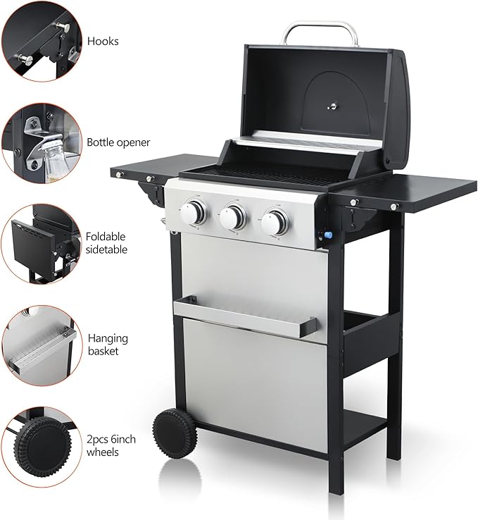 3-Burner Propane Gas BBQ Grill, Stainless Steel 25,650 BTU Output With Wire Enamel Cooking Grids For Outdoor Barbecue, Foldable Side Table, Suitable for Patio,Outdoor Cooking,Black Silver