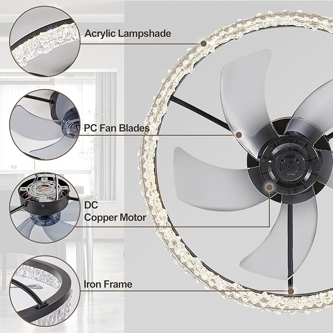 Ceiling Fans with Lights and Remote, 20" Modern Low Profile Ceiling Fan, Stepless Color Temperature Change and 6 Wind Speeds, Flush Mount Ceiling Fans for Bedroom, Kids Room and Kitchen