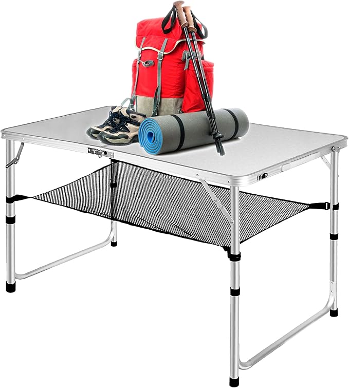 Adjustable Height Portable Camping Table - 4ft Folding Beach Table with Net Mesh, White Metal for Patio BBQ, Backpacking