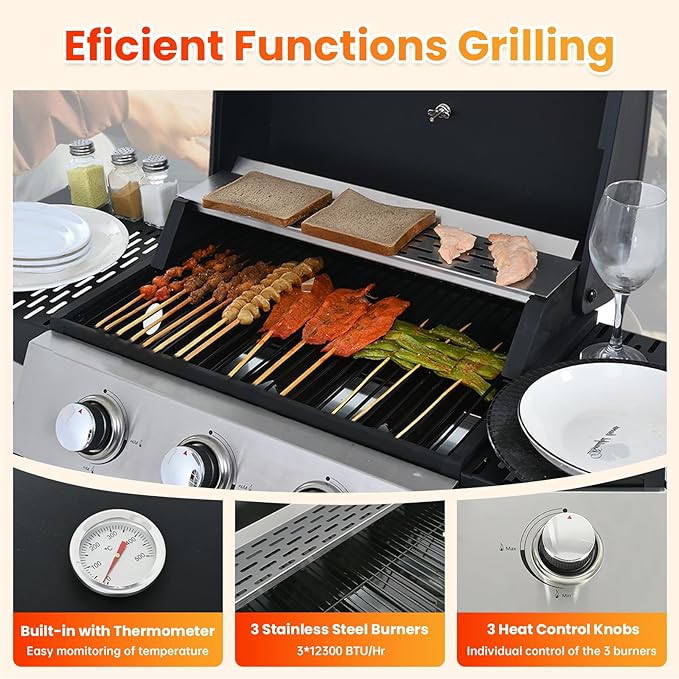 3-Burner Propane Gas BBQ Grill with Porcelain-Enameled Cast Iron Grates, Baking Sheet, 2 Foldable Side Table, 36,900 BTU Stainless Steel Grill for Outdoor Camping Barbecue Grilling Backyard Cooking