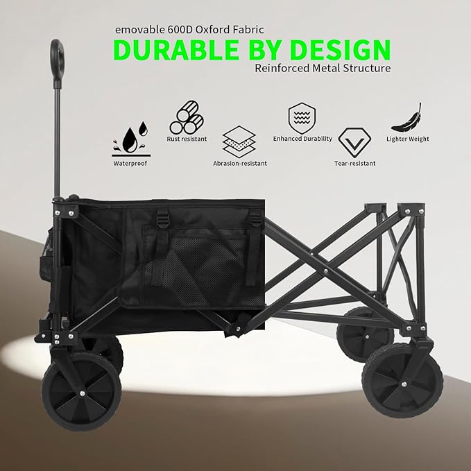 Collapsible Folding Wagon,Utility Beach Wagon Cart Heavy Duty Foldable with All-Terrain Wheels,Large Capacity Foldable Grocery Wagon for Garden Sports Outdoor Camping（Black）