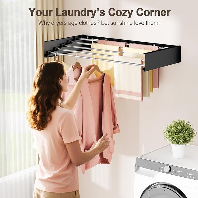 Wall Mounted Clothes Drying Rack Folding Indoor, Foldable Laundry Drying Rack Collapsible,Invisible, Space Saving, Retractable Towel Drying Rack, with Wall Template(6 Drying Rods, Black 40")