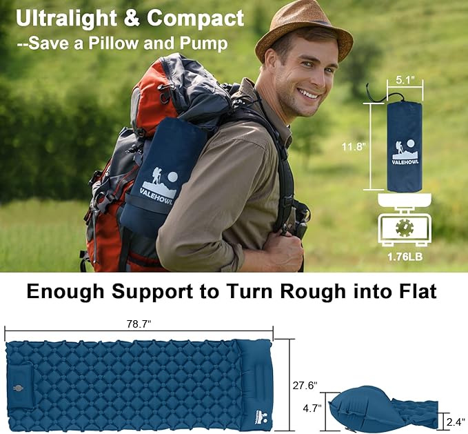 800g Ultralight Inflatable Sleeping Pad for Camping, with Foot Pump and Pillow, Compact Camping Mattress for Outdoors, Backpacking, Hiking