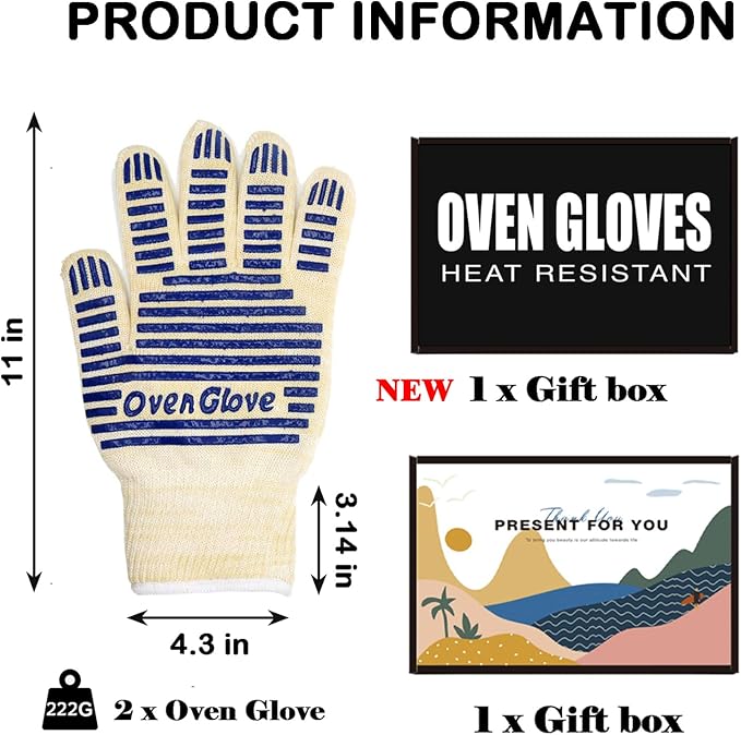 Oven Gloves, Heat Resistant 540 Degrees Grilling Gloves, Hot Surface Handler Non-Slip Silicone Oven Mitts with Fingers, BBQ Gloves for Cooking/Kitchen/Baking, Pack of 2