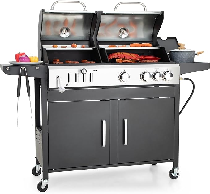Captiva Designs Propane Gas Grill and Charcoal Grill Combo with Side Burner & Porcelain-Enameled Cast Iron Grate, Dual Fuel BBQ Grill for Outdoor Events & Backyard Barbecue, 690 SQIN Cooking Area