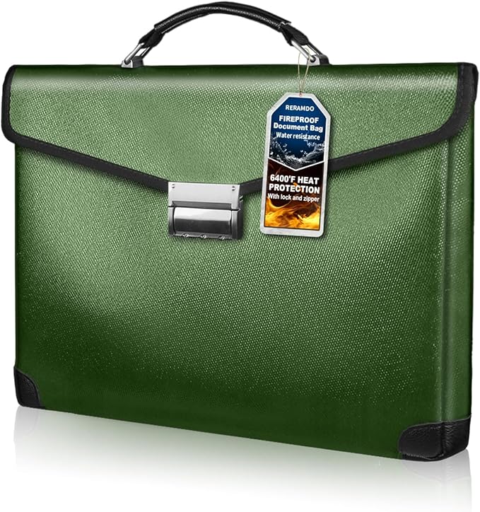 Fireproof Document Bag 14.5"X11"X2.5" Fireproof Money Bag for Cash With Lock and Zipper,Fire&Waterproof Storage Organizer Pouch for Valuables,Legal Document,Laptop,Passport,(Green)