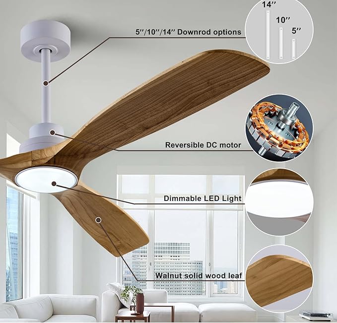 60" Wood Ceiling Fan with Lights Remote Control,Quiet DC Motor 3 Blade Ceiling Fans for Patio Living Room, Bedroom, Office,Indoor Outdoor(Raw wood+White)