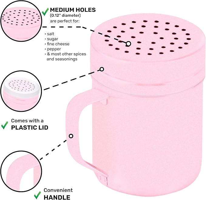 CUSINIUM 10oz Pink Stainless Steel Salt Pepper Dredge Shakers - With Plastic Cap - With Handle - Pack of 2