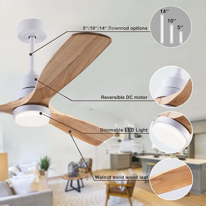 48" Wood Ceiling Fan with Light and Remote Control, Indoor Outdoor Wooden 3 Blades Ceiling Fan for Patio Living Room, Bedroom, Office,Reversible DC Motor(White + Raw wood)