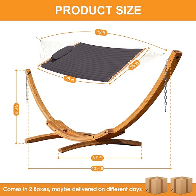 Lazy Daze Hammocks 12 FT Double Quilted Fabric Hammock and 13 FT Natural Wooden Arc Stand, with Spreader Bar, Removable Pillow, 2 Person Hammock for Outdoor Patio Outdoor, 450 lb Capacity, Dark Gray