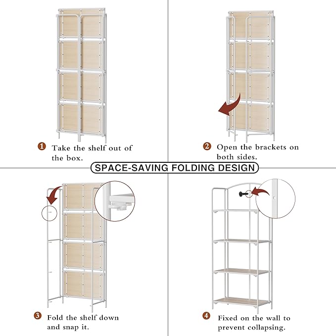 Crofy No Assembly Folding Bookshelf for Living Room, 4 Tier White Collapsible Book Shelf for Home Office, Portable Bookcase Storage Organizer