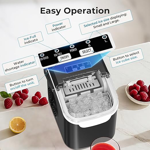 Countertop Ice Maker Machine – 8 Bullet Ice in 6 Mins, 26.5lbs/24Hrs Output – Self-Cleaning Portable Design with Selectable Ice Size & Touch Display for Home/Office/Bar